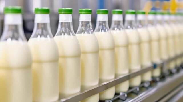 Bottled dairy milk: An orderly procession of freshly bottled dairy milk glides along the conveyor belt. captured in pristine focus, reflecting the precision of modern food production.