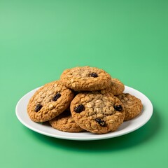 A white plate filled with freshly baked oatmeal raisin cookies stacked on a green background, highlighting their golden-brown color and chewy texture