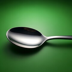 A shiny stainless steel spoon resting on a vibrant green background, highlighting its smooth curves and reflective surface in a minimalistic setting