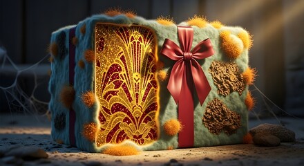 Decorative gift box with intricate design, a red ribbon, and fluffy embellishments, set in a cozy environment with warm lighting and textured background