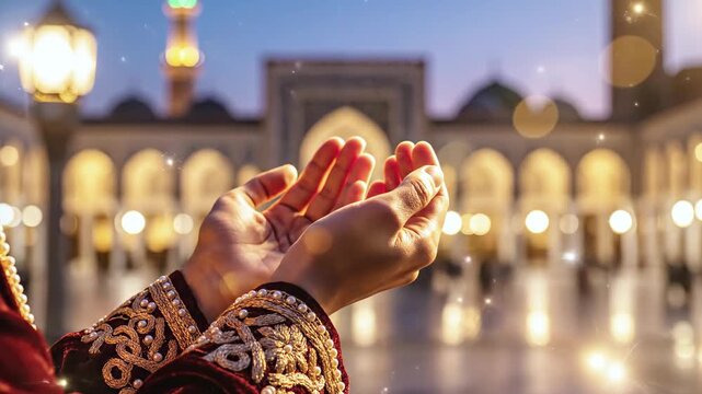 Hands raised in prayer, against a blurry backdrop of an ornate building at dusk
