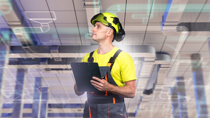 Ventilation engineer inspects ceiling duct systems with clipboard, supervising installation and technical maintenance of HVAC infrastructure.