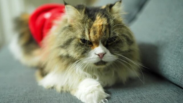 Fluffy gray cat in red sweater lounging on cozy sofa, exuding relaxed yet slightly annoyed expression, showcasing vibrant fur and playful charm in delightful setting