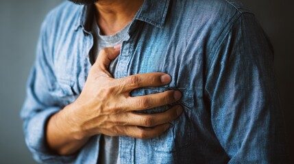 hand hold chest with heart attack symptoms, man have chest pain caused by heart disease, leak, dilatation, enlarged coronary heart, press on the chest with a painful expression