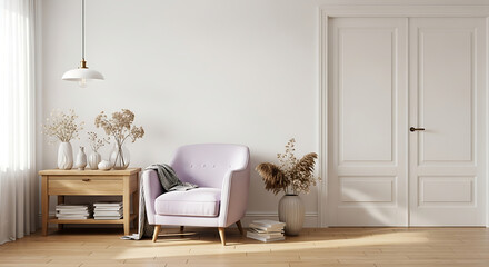 Modern living room interior with armchair, cabinet and plants on empty white wall