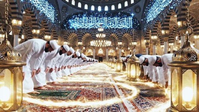 A long line of men in white clothing, praying in a mosque, ornate lighting present