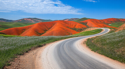 A scenic landscape of orange and red hills with a winding grey road cutting through, evoking a sense of journey, adventure, and natural beauty at golden hour.