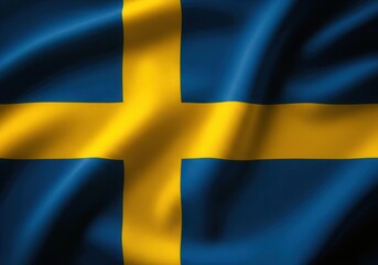 Waving swedish flag with golden yellow cross on blue background