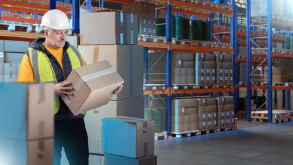 Warehouse logistics worker checks a cardboard box in a busy storage facility, managing inventory...
