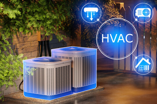 Outdoor HVAC units positioned beside a house, highlighted with glowing icons representing heating, ventilation, and air conditioning functions in a residential setting.