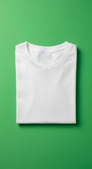 A neatly folded plain white T-shirt placed on a vibrant green background creating a clean and simple visual presentation
