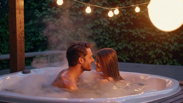 A couple - a man and a woman - are having their romantic moment kissing in the jacuzzi, cozy environment and relax 