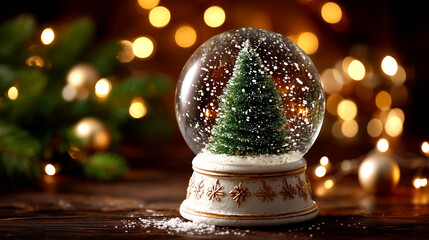 Enchanting Christmas tree snow globe with falling snow and warm bokeh lights, perfect for holiday greetings and festive season promotions with a magical touch