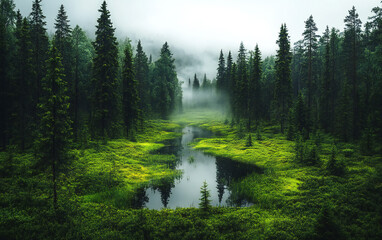 Misty, Atmospheric Forest Landscape of the Swedish Nature Reserve Near Uppsala, Abundant with Trees, Mushrooms, and Wildflowers
