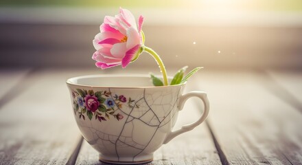 A delicate pink and white flower resting inside a cracked porcelain teacup with floral patterns on a wooden surface under soft natural light