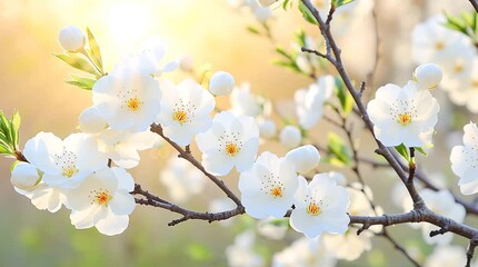 Spring Awakening: Sunbeams Dancing Through Blooming Flowers on Branches, Capturing the Joy of Warmth and Nature's Renewal in a Serene, Natural Setting