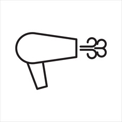 Hair dryer or hairdryer icon, showing airflow coming out of a nozzle, black and white outline illustration, symbolizes hair care, personal care, beauty, or hotel facilities.
