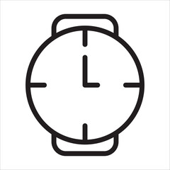 Watch icon, showing analog watch face and strap, black and white outline illustration, symbolizing time, schedule, punctuality, or accessory.