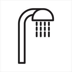 The shower head icon, with falling water drops, black and white outline illustration, symbolizes bathroom equipment, personal hygiene, cleanliness, or hotel amenities.