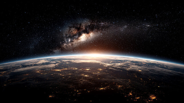 A stunning view of Earth from orbit at night, illuminated cities and continents glowing against the dark expanse of space, capturing planetary beauty and isolation.