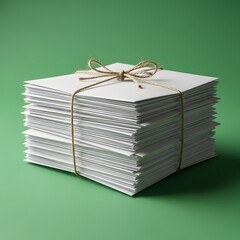 A neatly stacked pile of white paper sheets tied with a rustic string on a vibrant green background