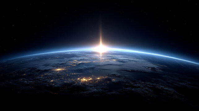 A stunning view of Earth from orbit at night, illuminated cities and continents glowing against the dark expanse of space, capturing planetary beauty and isolation. - Powered by Adobe