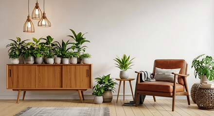 Stylish living room interior with wooden cabinet, armchair, plants and lamps in a cozy home