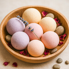 Square spa composition featuring a wooden bowl filled with pastel-colored bath bombs, surrounded by smooth stones, scattered rose petals, and a sprig of fresh lavender, creating a playful aesthetic