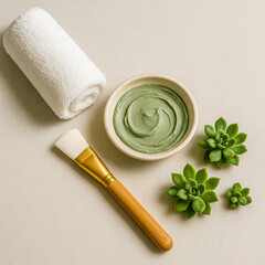 Square skincare flatlay featuring a bowl of smooth green clay facial mask, a soft white towel, a bamboo-handled mask brush, and fresh green succulents arranged neatly on a neutral background