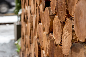 Stacked wood logs creating a textured wall background