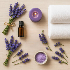 Square spa composition featuring fresh bundles of lavender, a burning purple candle, an amber essential oil bottle, a ceramic bowl of lavender bath salts, soft  towels arranged on a wooden surface