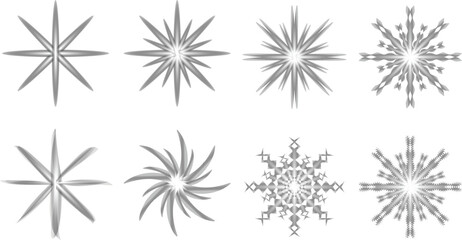 Eight Silver Starburst and Snowflake Designs on White