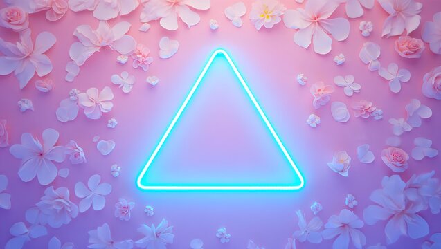 Glowing neon triangle with rose background featuring geometric shapes, illuminated red lighting, futuristic digital pattern, atmospheric energy frame for modern creative design and wallpaper