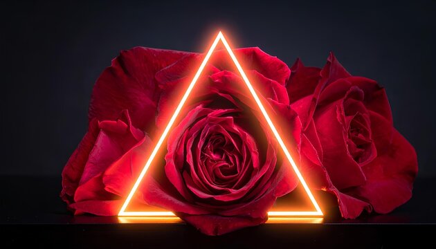 Futuristic neon triangle on rose background with glowing geometric lines, illuminated red accents and digital contrast pattern creating modern creative design with electric energy wallpaper