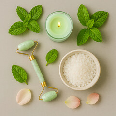 Square spa flatlay featuring a jade facial roller, fresh mint leaves, a glowing green candle, a bowl of sea salt, and soft rose petals arranged on a neutral background, creating a clean aesthetic