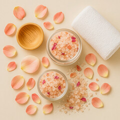 Square spa arrangement featuring glass jars of pink bath salts surrounded by scattered rose petals, a wooden bowl, and a neatly rolled white towel on a soft beige background