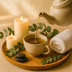 Square spa still life featuring herbal tea being poured into a ceramic cup on a wooden tray surrounded by glowing candles, eucalyptus leaves, smooth stones, a rolled towel, creating a warm atmosphere