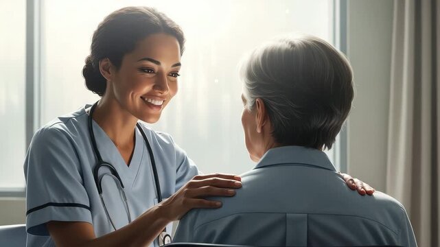 A nurse with a stethoscope provides comfort to an elderly patient in a cheerful hospital setup