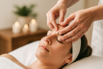 Horizontal close-up of a woman receiving a relaxing facial massage in a calming spa setting, with soft candlelight in the background, capturing a soothing and rejuvenating wellness experience 