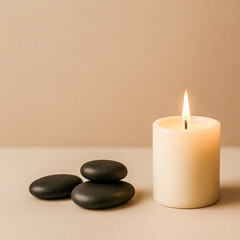 Square spa still life featuring a glowing pillar candle beside smooth black massage stones on a neutral beige surface, creating a warm, calming, and minimalist ambiance ideal for wellness branding