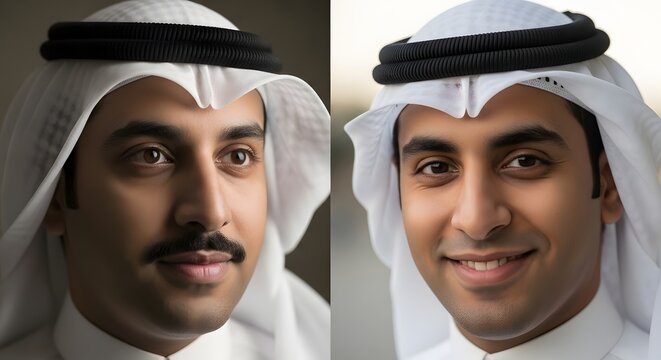 Two professional men wearing traditional Middle Eastern attire, including white thobes and head coverings, smiling and looking confident in a formal setting