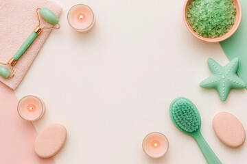 Horizontal beauty and self-care flatlay in soft green and blush tones, featuring candles, facial roller, bath salts, brushes, and spa accessories arranged around copy space, ideal for skincare brands