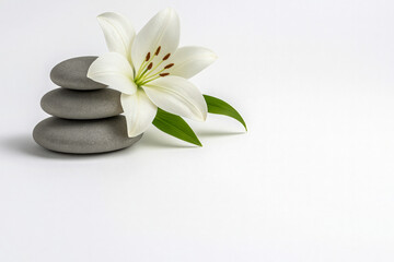 Horizontal minimalist spa still life featuring a stack of smooth gray stones paired with a fresh white lily on a clean white background, creating a calm, elegant, and serene composition