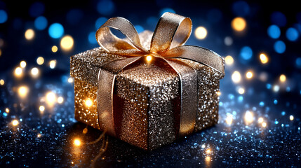Sparkling golden gift box with luxurious ribbon evokes celebration, luxury, and festive joy, perfect for holiday promotions and special occasions