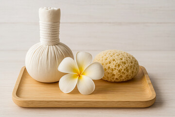 Horizontal spa still life with a herbal massage compress, natural sea sponge, and white plumeria flower arranged on a wooden tray, creating a calm, organic, and atmosphere ideal for wellness branding