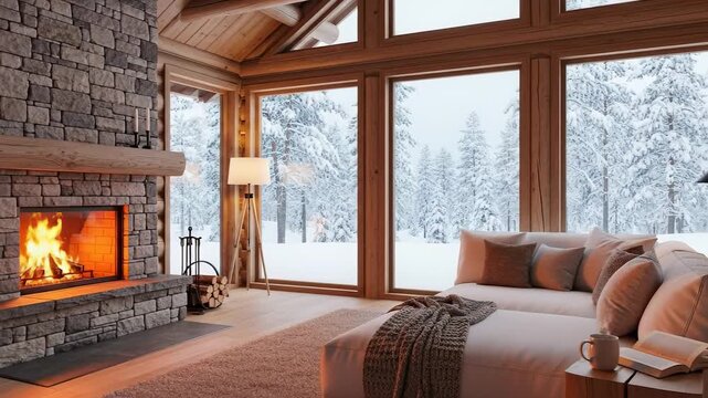 Cozy living room with a burning fireplace in a rustic cabin. Relaxing winter scene with a view of a snowy forest. Hygge and comfort concept for a holiday getaway