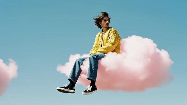 A young man floating on a pink cloud in the blue sky. Surreal dream and imagination concept. Minimalist fantasy animation with copy space