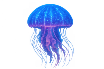 Bioluminescent jellyfish swimming, glowing underwater sea life illustration, transparent background, marine ecosystem concept