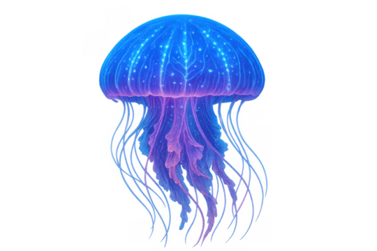 Bioluminescent jellyfish swimming, glowing underwater sea life illustration, transparent background, marine ecosystem concept - Powered by Adobe