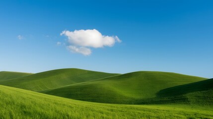 Naklejka premium Rolling green hills under a clear blue sky with a single fluffy cloud